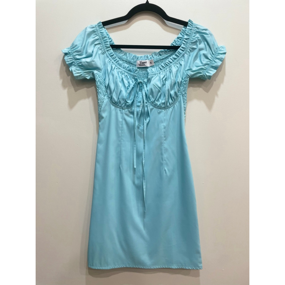Tiger Mist Baby Blue Babydoll Milkmaid Smocked Mini Dress S Coquette Feminine